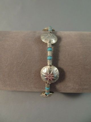 Nos Vintage Southwest Style Sterling Silver & Turquoise Puff Concho Bracelet