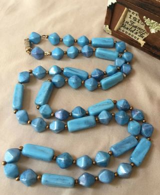 Vintage Czech Molded Poured Blue Swirled Art Glass Bead 30” Necklace