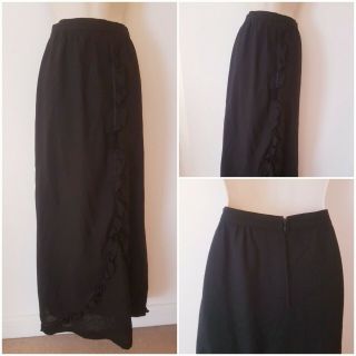 True Vintage 70s Long Wool Black Ruffled Effect Goth Boho Maxi Skirt 10 Lined