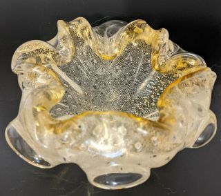 Murano Aventurine Art Glass Ashtray Bowl Dish Clear Gold Flecks Vintage Mcm