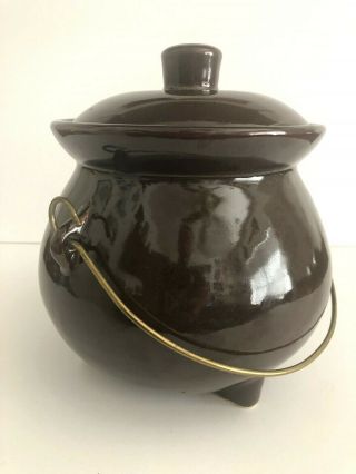 Vintage Brown Glazed Stoneware Bean Pot With Wire Bail Handle 2