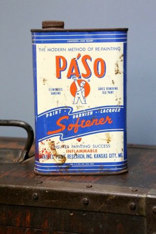 Vintage Paso Paint Varnish Remover Oil Can Softener Blue Hardware Store Brush