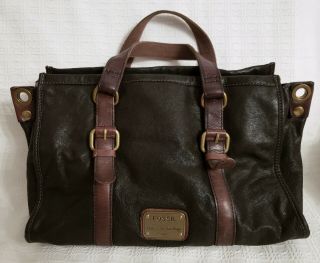 Fossil Long Live Vintage 1954 Leather Handbag Purse Black Brown D