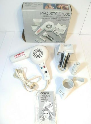 Vintage Conair Pro Style 1500 Hair Dryer Model 091w/ Attachments And Orginal Box