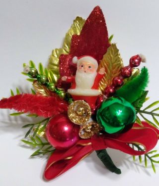 Vintage Christmas Corsage Santa Sugar Bells Mercury Glass Bead Package Tie