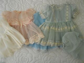 2 Vtg.  Baby Doll Dresses,  Blue Sheer Flocked Dotted Swiss & Sheer Pink,  Slips