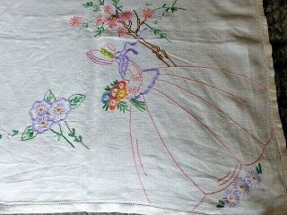 Vintage Linen Hand Embroidered Tablecloth - Floral,  Crinoline Ladies