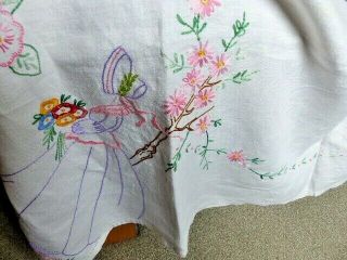 Vintage Linen Hand Embroidered Tablecloth - Floral,  Crinoline Ladies 2
