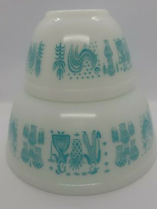 Vtg Pyrex Mixing Bowls Amish Butterprint Teal On White Set Of 2