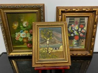 Vintage 3pc Of Signed Still Life Floral Bouquet Flower Paintings Miniatures