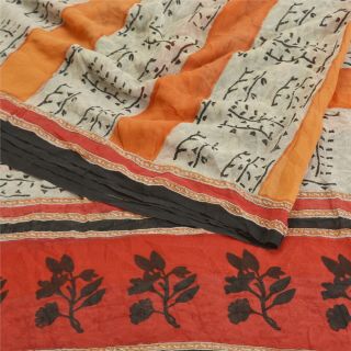Sanskriti Vintage Sarees Orange Indian Pure Georgette Silk Printed Sari Fabric