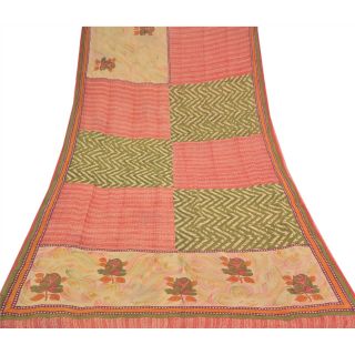 Sanskriti Vintage Sarees Red Indian Pure Georgette Silk Printed Sari 5yd Fabric