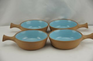 Vintage Chateau Buffet Pottery Handled Soup Bowls Set Of 4 Light Blue Interior