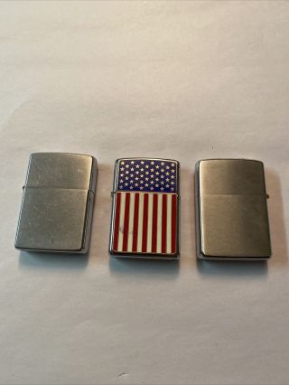 3 Vtg Zippo Lighters American Flag Patriotic Zippo Lighter & Two Silver Metal