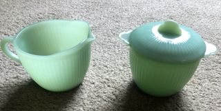 Vintage Jadeite Fire King Jane Ray Creamer And Sugar Bowl With Lid