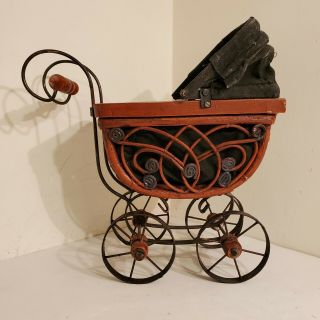 Vintage Doll Carriage Buggy Wood & Metal Home Decor Childs Room