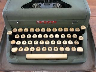 Vintage 1950 ' s Green Royal Quiet De Luxe Portable Typewriter in Case w/ Orig Key 3