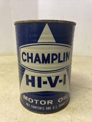 Vintage Metal 1 Quart Champlin Hi - V - I Motor Oil Can Full