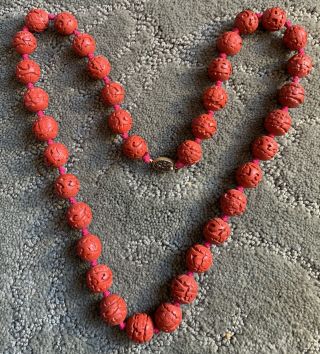 Vintage Chinese Carved Red Cinnabar Round Bead Ball Knotted Necklace