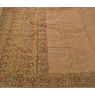 Sanskriti Vintage Cream Sarees Art Silk Woven Craft 5 Yard Fabric Premium Sari