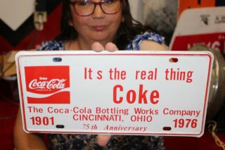 Vintage 1976 Coca Cola Cincinnati Bottling Embossed Metal License Plate Sign