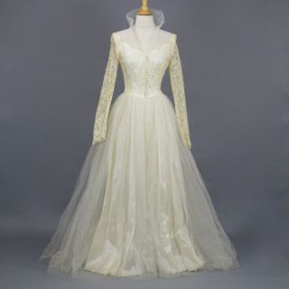Vintage 1950s Wedding Gown,  50s Satin Lace Tulle Princess Wedding Dress,  Xs