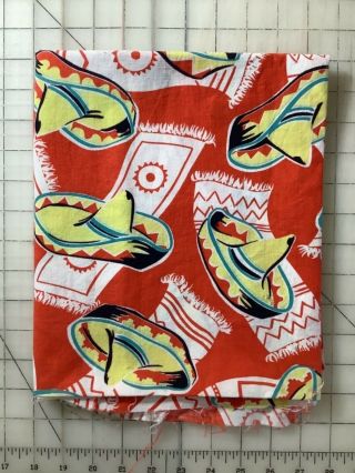 Vintage Open Feedsack - Cotton Fabric,  Mexican Sombreros,  Red,  Yellow,  White