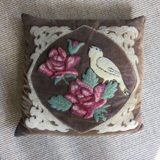 Vintage Punch Needle Work Tufted Folk Art Pillow - Chenille Bird And Flowers