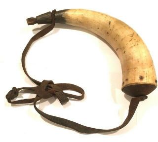 Vintage Carved Black Powder Horn With Leather Strap