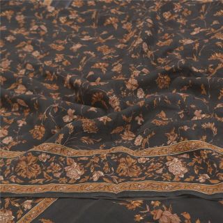 Sanskriti Vintage Black Sarees 100 Pure Crepe Silk Printed Sari Craft Fabric 2