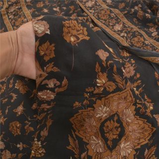 Sanskriti Vintage Black Sarees 100 Pure Crepe Silk Printed Sari Craft Fabric 3