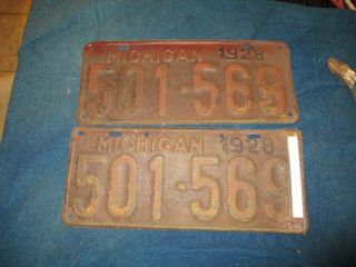 Vintage License Plate Matched Pair Michigan 1928
