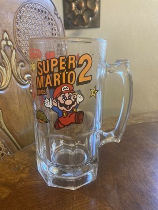 Vintage 1989 Mario Bros 2 Glass Beer Stein Mug 1989 Nintendo 8” Read