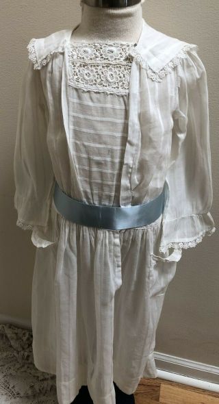 Antique Edwardian White Cotton Lace & Pin Tucks Girls Tea Dress