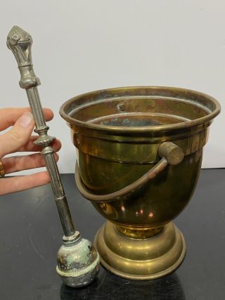 Vintage Brass Holy Water Bucket & Metal Sprinkler Wand