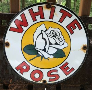 Vintage White Rose Gasoline / Motor Oil Porcelain Gas Pump Sign