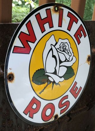 VINTAGE WHITE ROSE GASOLINE / MOTOR OIL PORCELAIN GAS PUMP SIGN 2