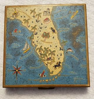 Vintage Powder Compact W Mirror Florida State Map Cities Ocean Volupte