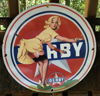 Vintage Derby Gasoline Porcelain Gas & Oil Sign 12” Archery Bow Arrow