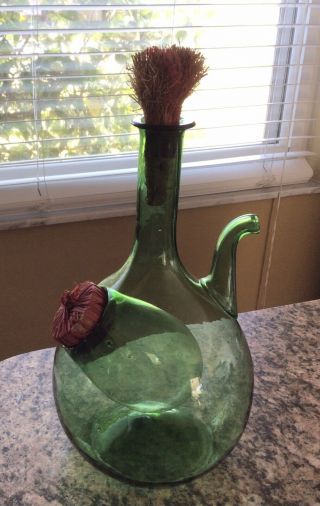 Vintage Italian Green Glass Wine Decanter With Ice Chamber Raffia Cork