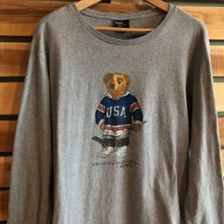 Vtg 90s Gray Polo Ralph Lauren Usa Hockey Bear L/s T Shirt L