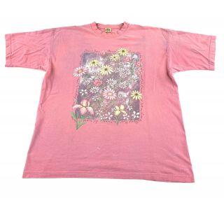 Vintage 90s North West Blue T Shirt Xl Pink Floral Daisies Poppy Color Fade