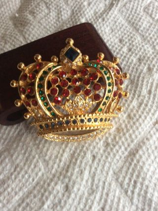 Vintage Signed Kjl Kenneth J.  Lane Xl 2” Puffy Rhinestone Crown Pin Brooch