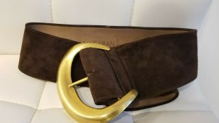 Vintage Donna Karan Suede Leather Brown Belt 5 " Gold Buckle Italy Sz L