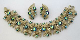 Vintage Blue - Green Aurora Borealis Rhinestone Bracelet Earrings Coro