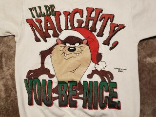 Vtg 90s Warner Bros Looney Tunes Taz Christmas Pullover Sweater Large Be Naughty