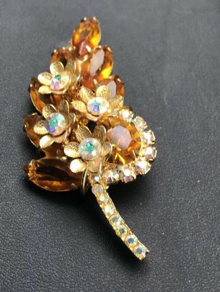 Amber Gold Aurora Borealis Rhinestone Juliana Designer Vintage Brooch Pin