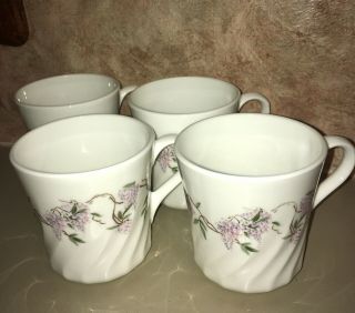 Vintage Corelle Corning Wisteria 4 Coffee Cups 3 - 1/4 " Floral Retired Lavender