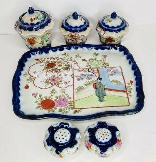 Vtg Hand Painted Japanese Geisha Girl Porcelain Tea Set Tray Shakers Cobalt Blue