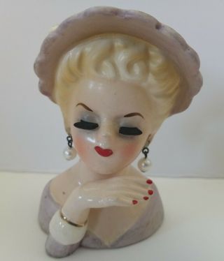Vtg Inarco E - 774 Miniature Lady Head Vase Pink Dress & Hat Pearls/eyelashes 1963